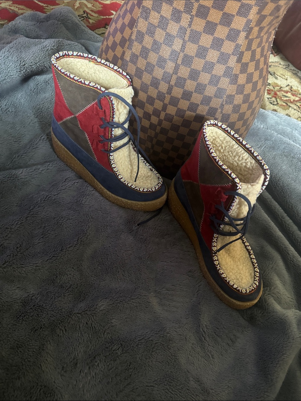 Jeffrey Campbell Red, Navy & Brown Lace-Up Sherpa Boots